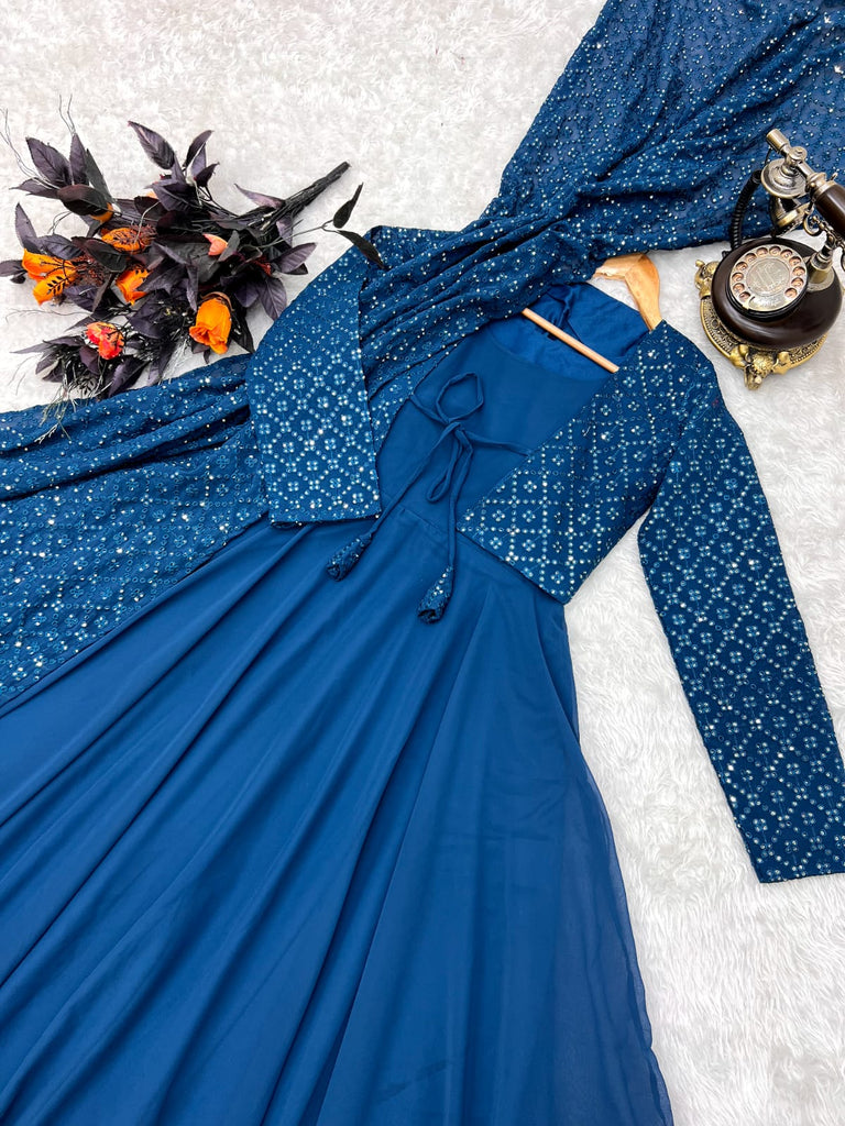 Rahul Singh Cotton Silk Gown With Embroidered Jacket | Blue, Organza, Three  Quarter | Silk gown, Long gown dress, Gown with jacket